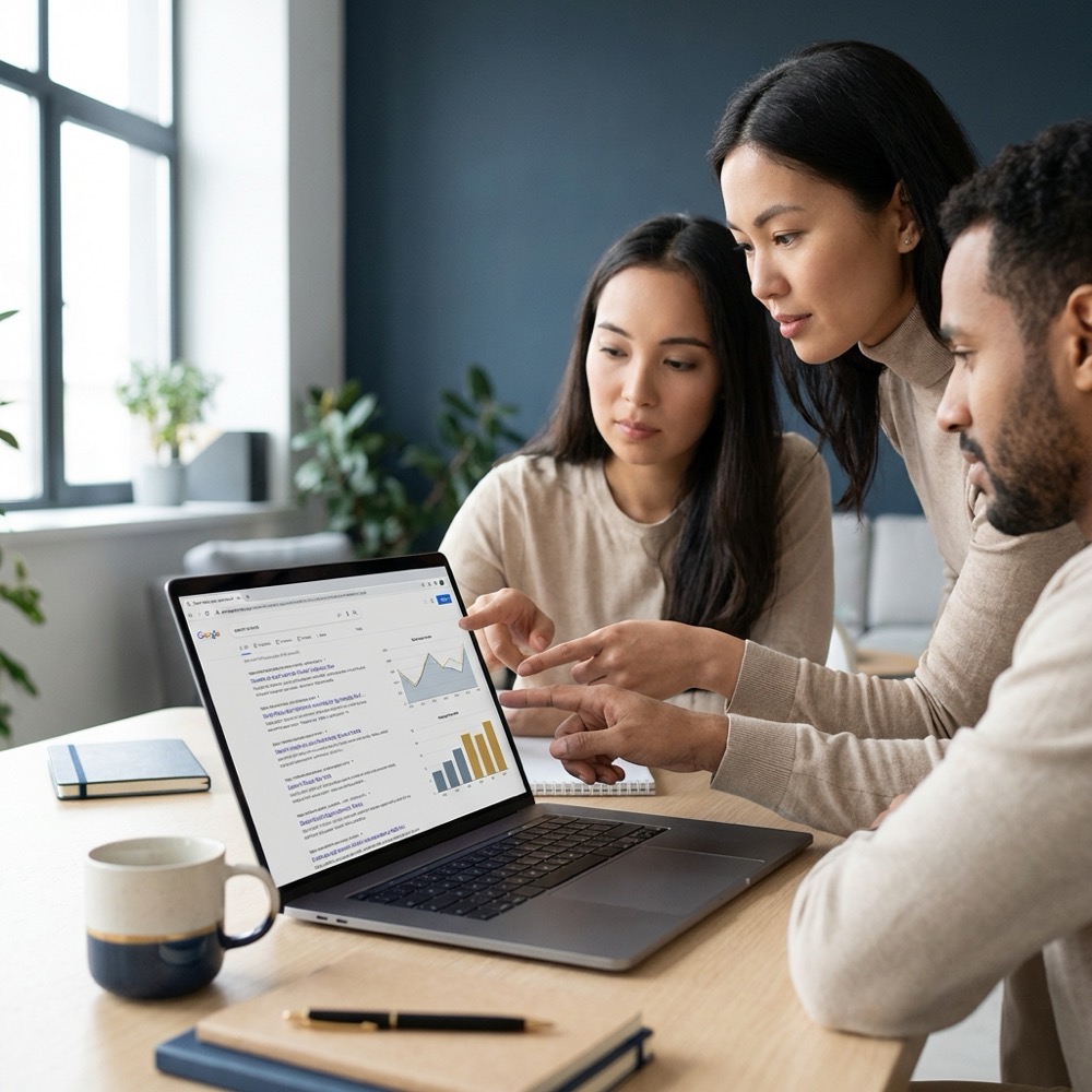 Marketing team reviewing laptop with search results and charts in a minimalist office using brand colors and focused collaboration referencing top search engines