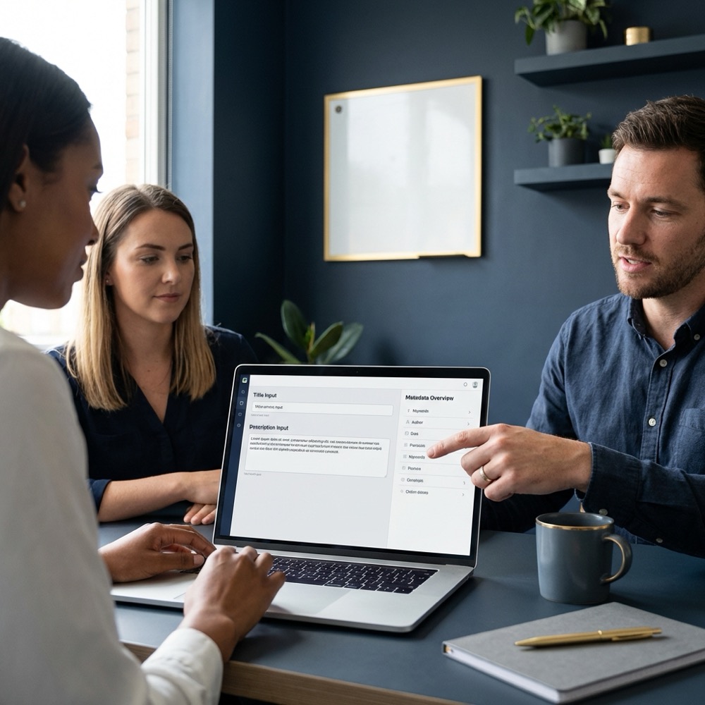 Three person team reviewing page metadata on a laptop showing title and description fields in a minimalist navy workspace with Orvus Ltd gold accents metatags