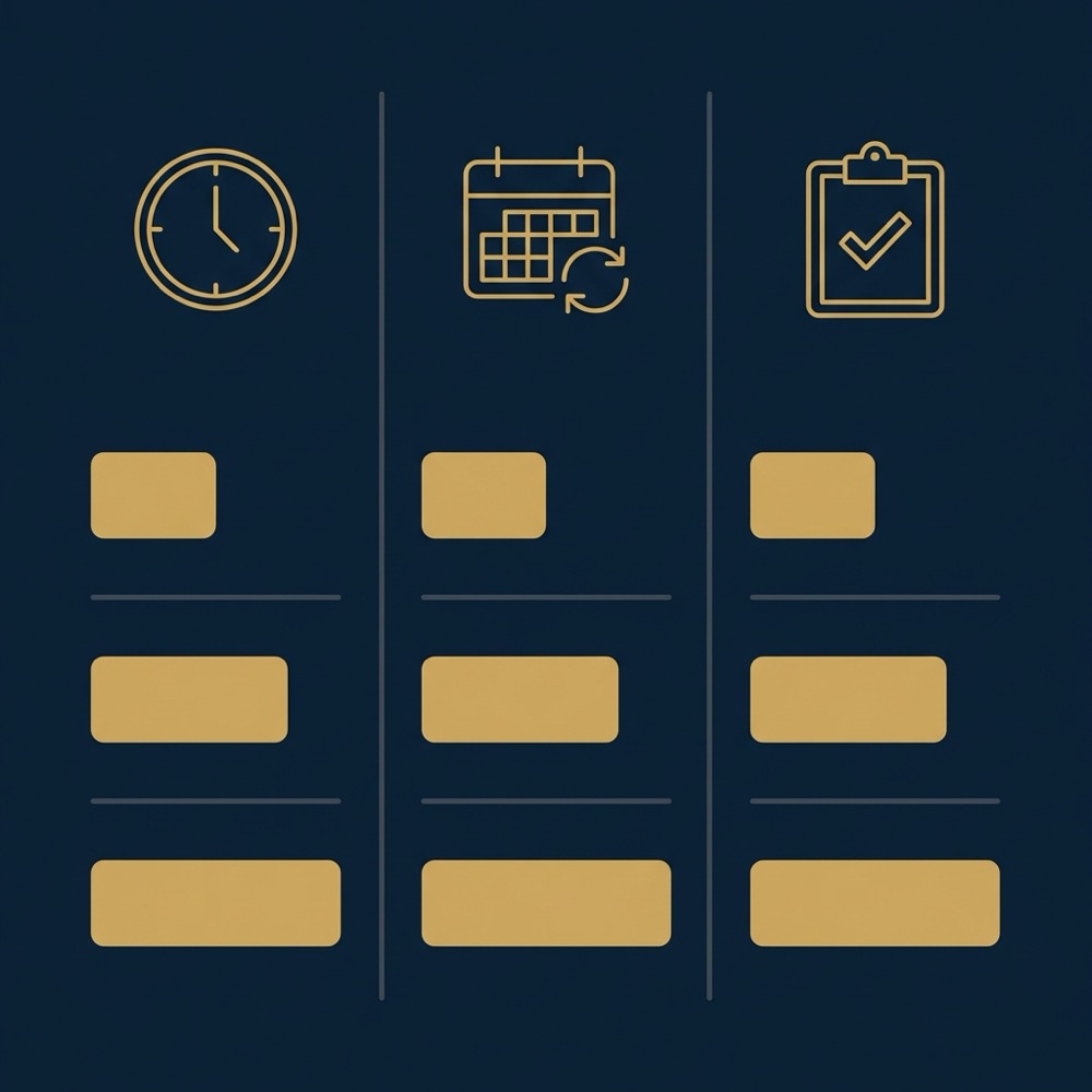 Minimal 2D vector infographic with three columns comparing hourly retainer and project fees using clock calendar and folder icons and bar indicators in Orvus Ltd colors seo services