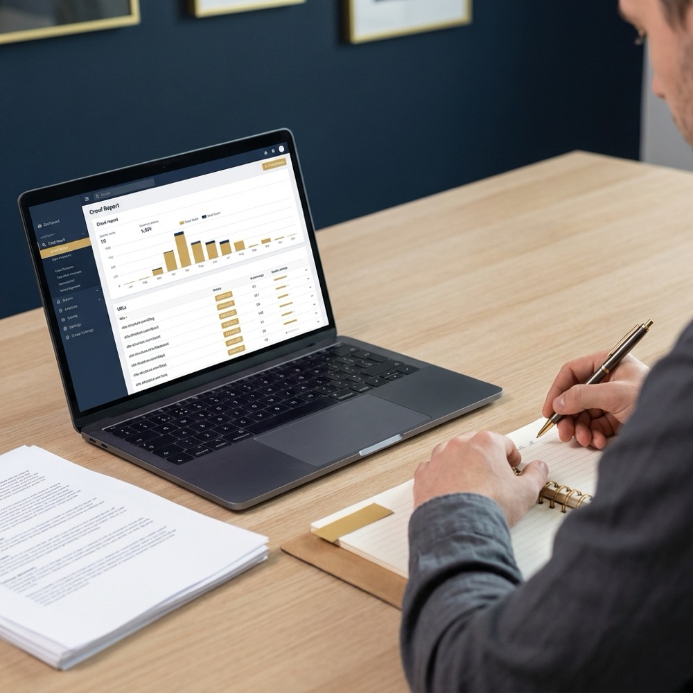 seo page rank technical audit on laptop screen showing crawl report and URL list with a person taking notes on a minimalist navy Orvus branded desk