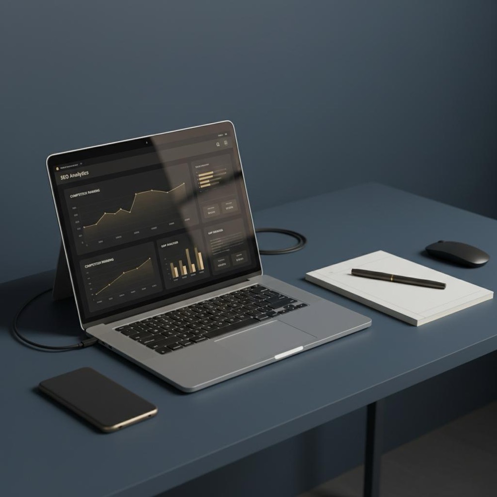Minimalist analyst desk with laptop showing SEO graphs and charts, clean notebook and branded accents in #C8A45D on #0B1E33 background - Semrush competitor analysis