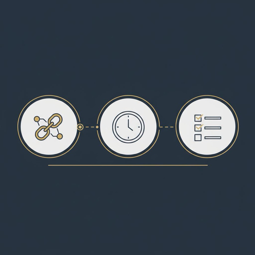 Minimal 2D vector infographic with link network, clock timeline, and checklist icons on deep blue background illustrating domain authority score.