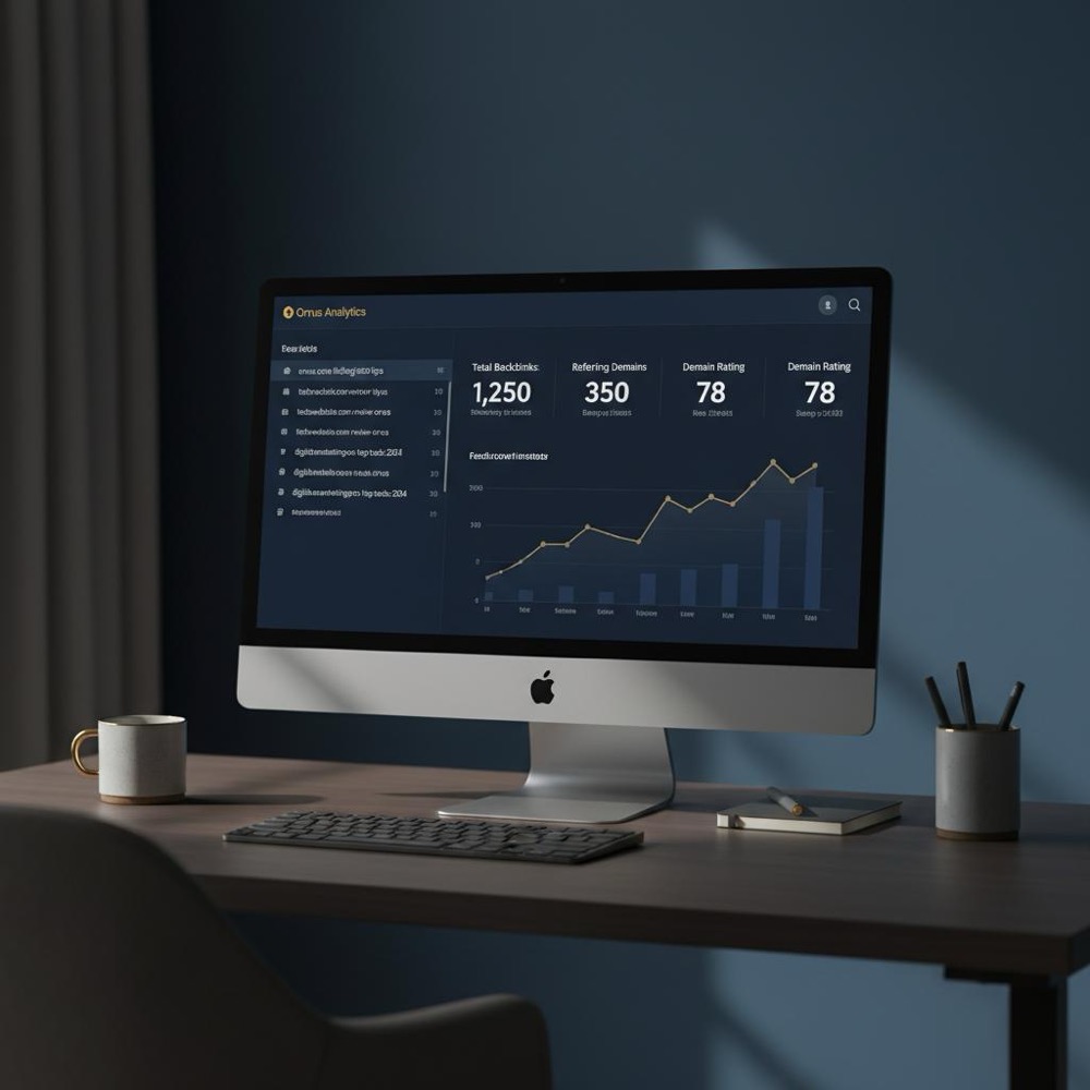 Minimalist desktop with computer showing a backlinks report and charts, clear URL list and focal chart, navy background #0B1E33 and gold accents #C8A45D