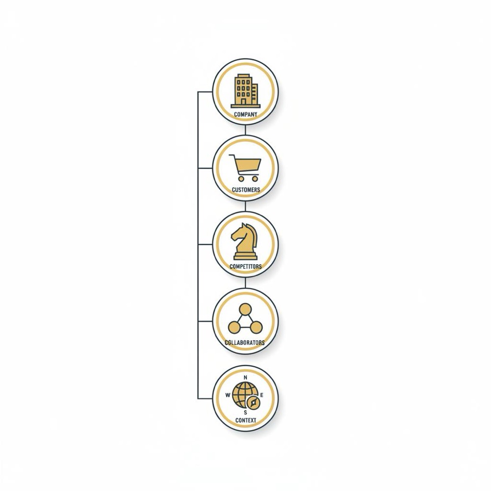 Minimal vertical vector infographic of five icons representing the 5 C's of strategic analysis: company (building), customers (shopping cart), competitors (chess pawn), collaborators (linked nodes), context (globe) on deep blue background with gold and dark gray accents.
