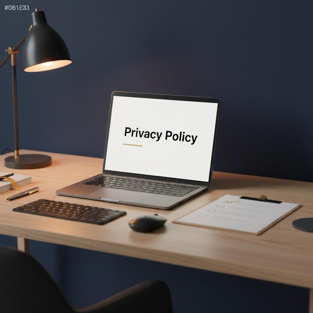 Minimalist workspace with laptop showing 'Privacy Policy' headline, printed checklist and warm Orvus Ltd. color accents - Is DuckDuckGo owned by China?