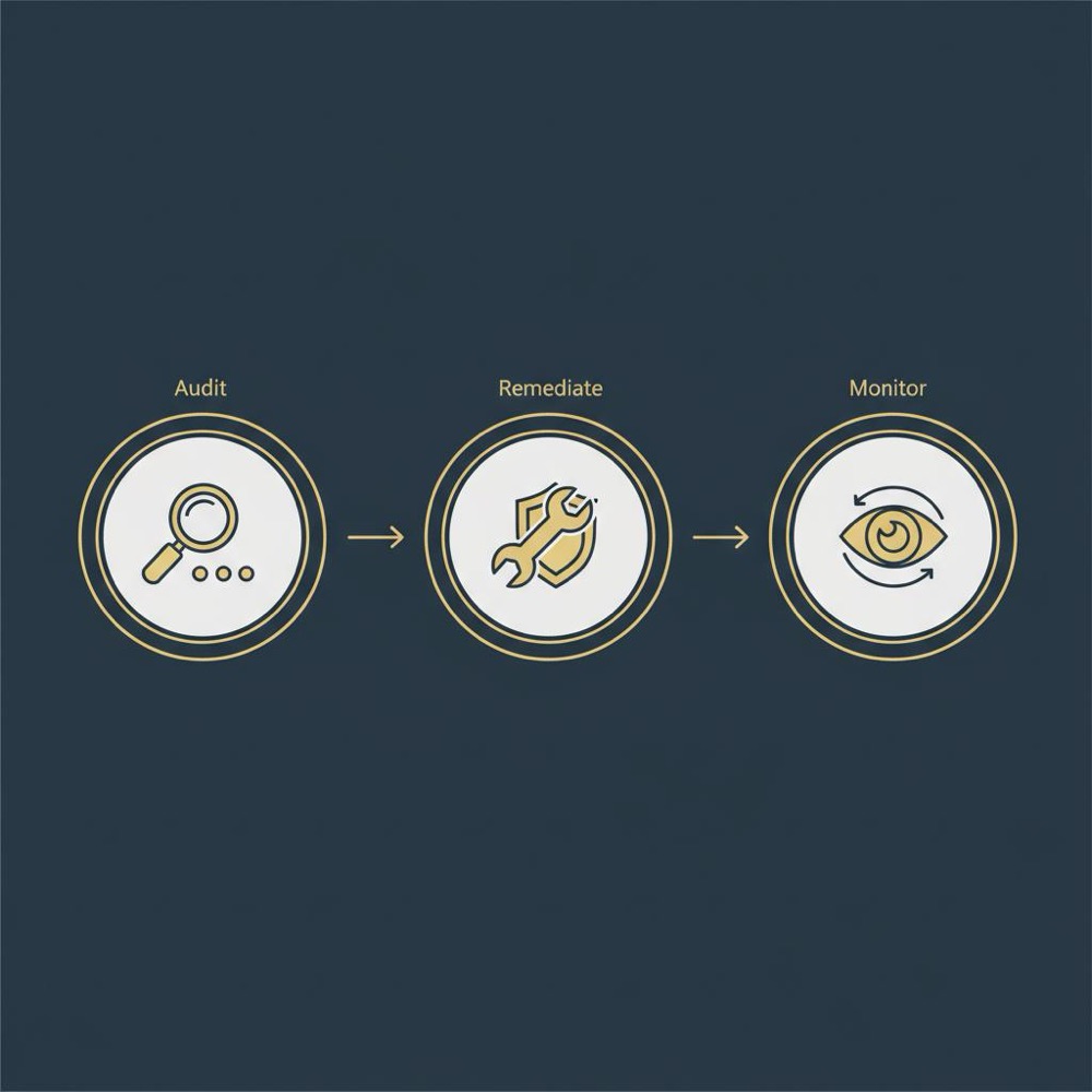 Minimal 2D vector infographic in Orvus Ltd. colors showing three-step flow (Audit → Remediate → Monitor) to recover from black hat SEO penalties