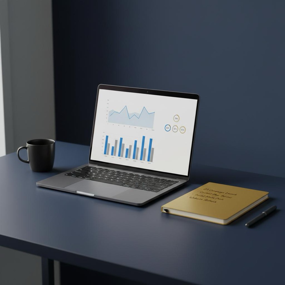 Minimalist workspace with laptop showing analytics and a notepad content plan, branded accents in #0B1E33 and #C8A45D - is SEO a hard job