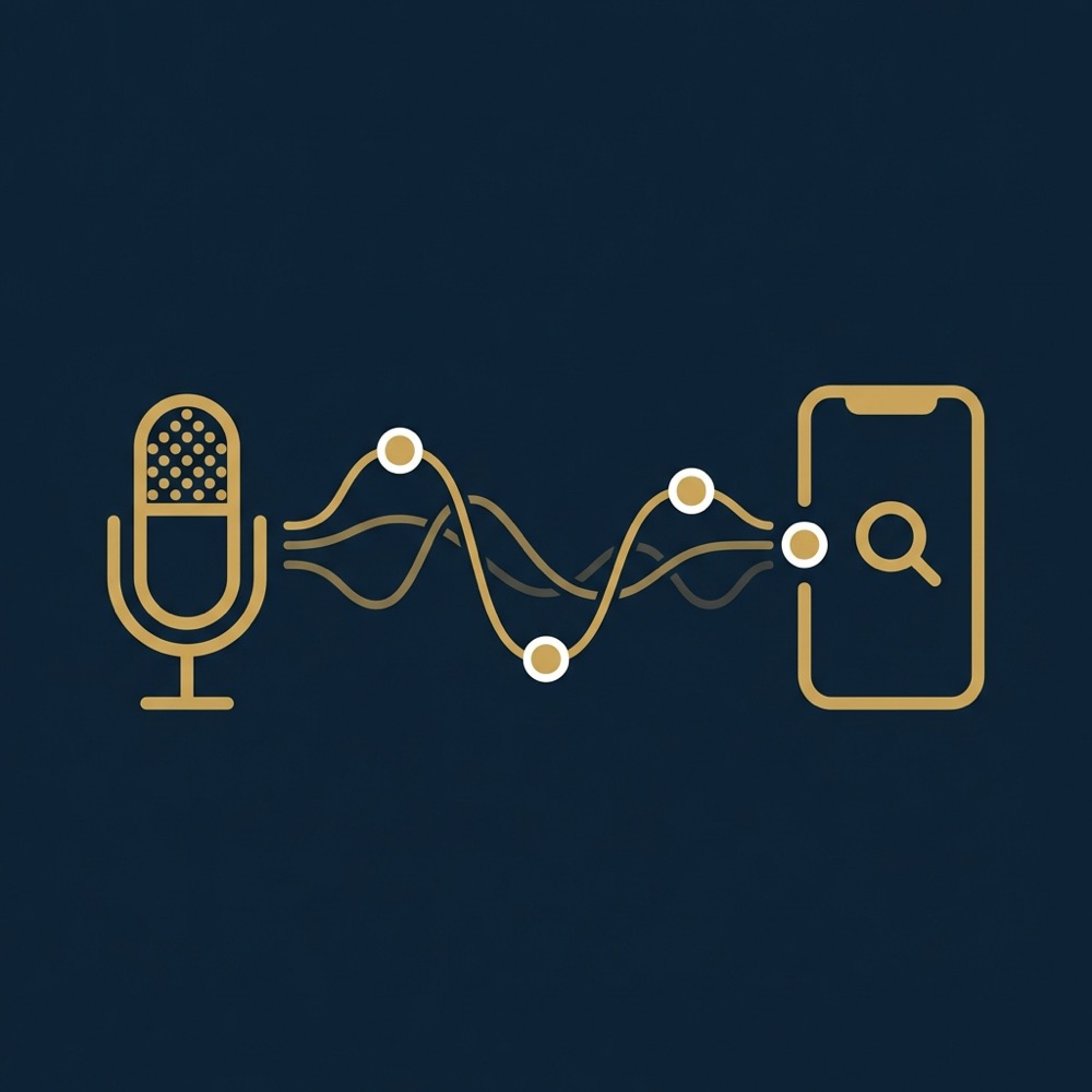 Minimal 2D vector infographic illustrating voice search seo with microphone mobile device magnifier and sound waves in Orvus Ltd brand colors