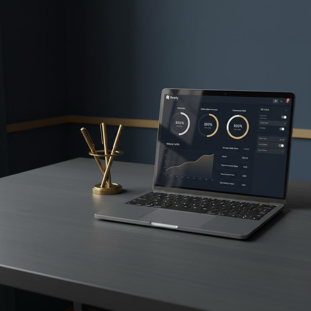 Laptop on a minimalist navy desk displaying Shopify admin analytics and charts, illustrating best SEO tools for Shopify with Orvus Ltd. brand accents