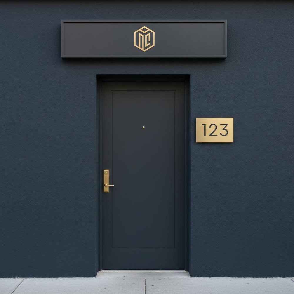 Minimalist small storefront exterior showing centered doorway and visible address plaque with subtle #C8A45D gold accents, neutral scene optimized for local SEO.
