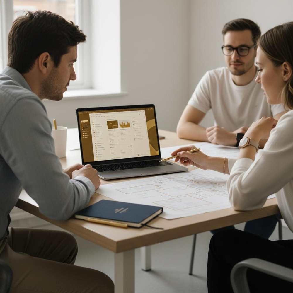 Small team reviewing sitemap and Google Search Console dashboard on a laptop, collaborating on google positioning, minimalist Orvus Ltd. navy and gold workspace.