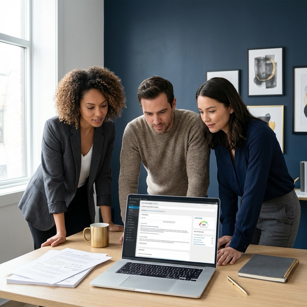 Small team of three reviewing content on a laptop with drafts and notes on a tidy navy background and warm gold accents seo