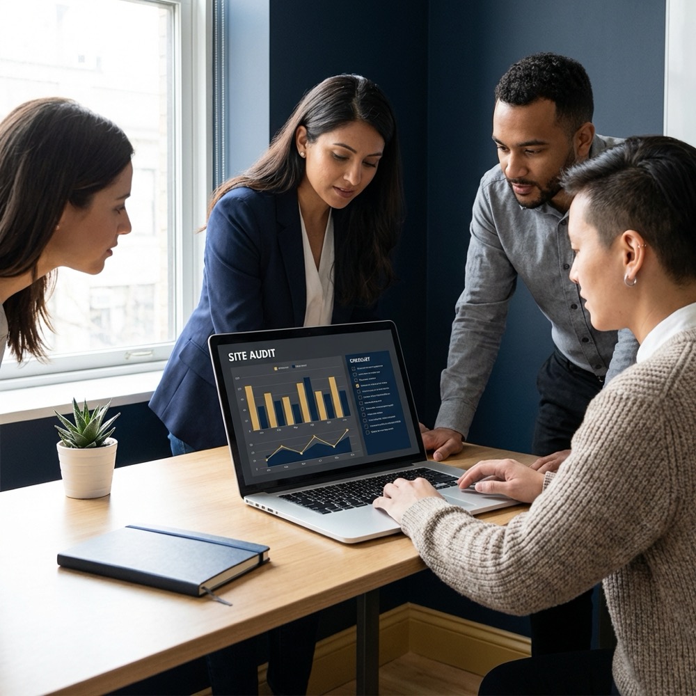 Small team reviewing a site audit on a laptop showing charts and a checklist highlighting off page seo metrics in a minimalist navy and gold Orvus Ltd workspace