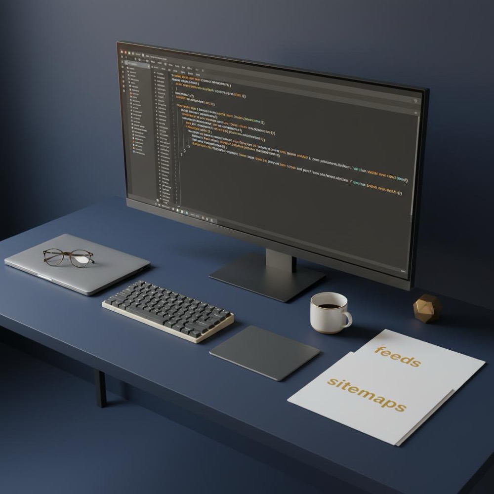 Minimal developer desk with code on screen and printed documents labeled 'feeds' and 'sitemaps', navy #0B1E33 background and #C8A45D accents, no faces, metasearch engine