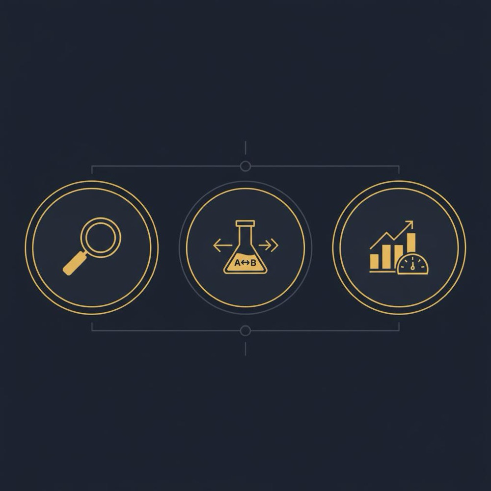 Minimal 2D vector infographic with three circular icons (magnifying glass, lab flask, bar chart) on dark blue background representing Audit, Experiment, Measure for entry-level SEO