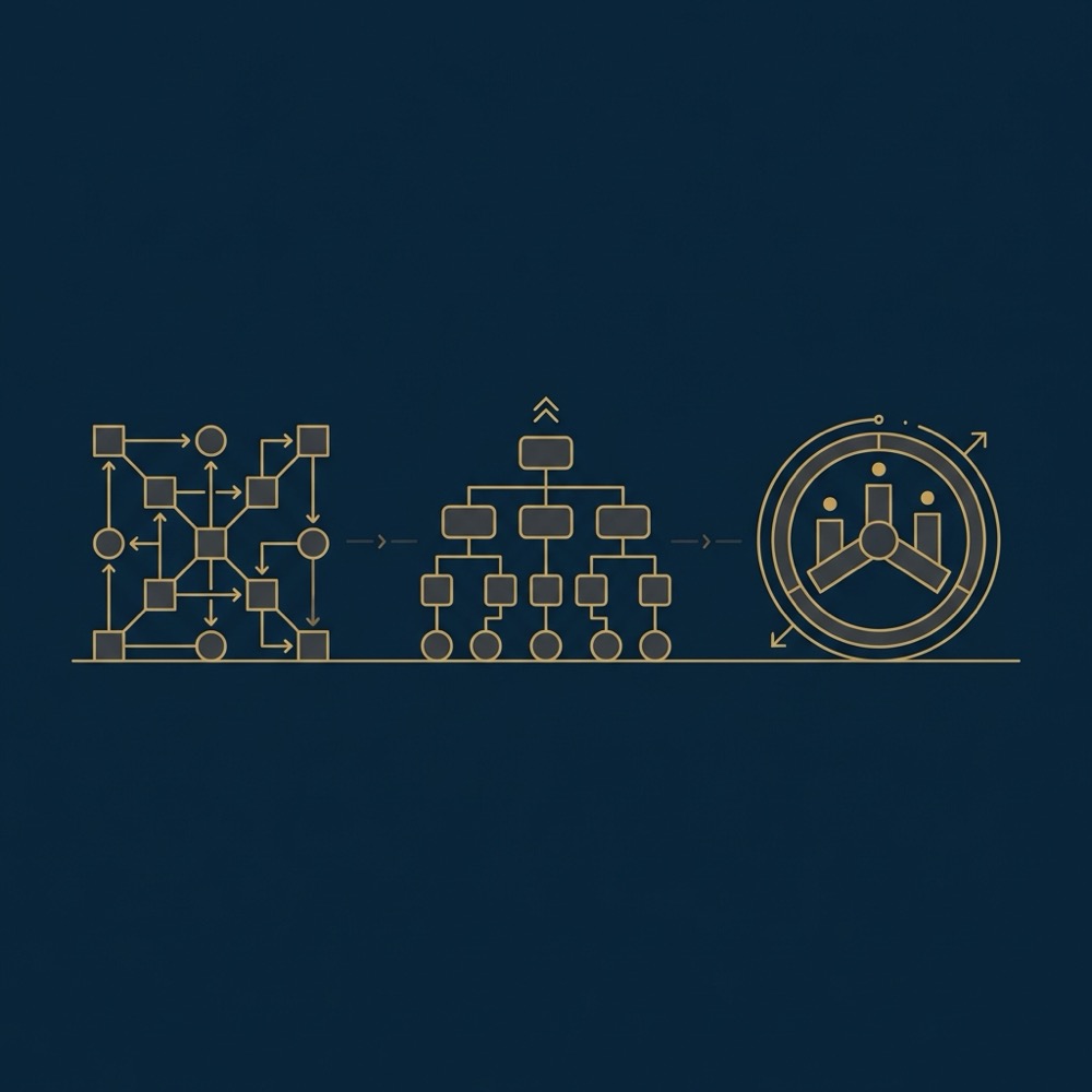 Minimal 2D vector infographic showing three flat icons for schema sitemap and performance metrics on dark navy background in Orvus Ltd brand colors rankmath seo