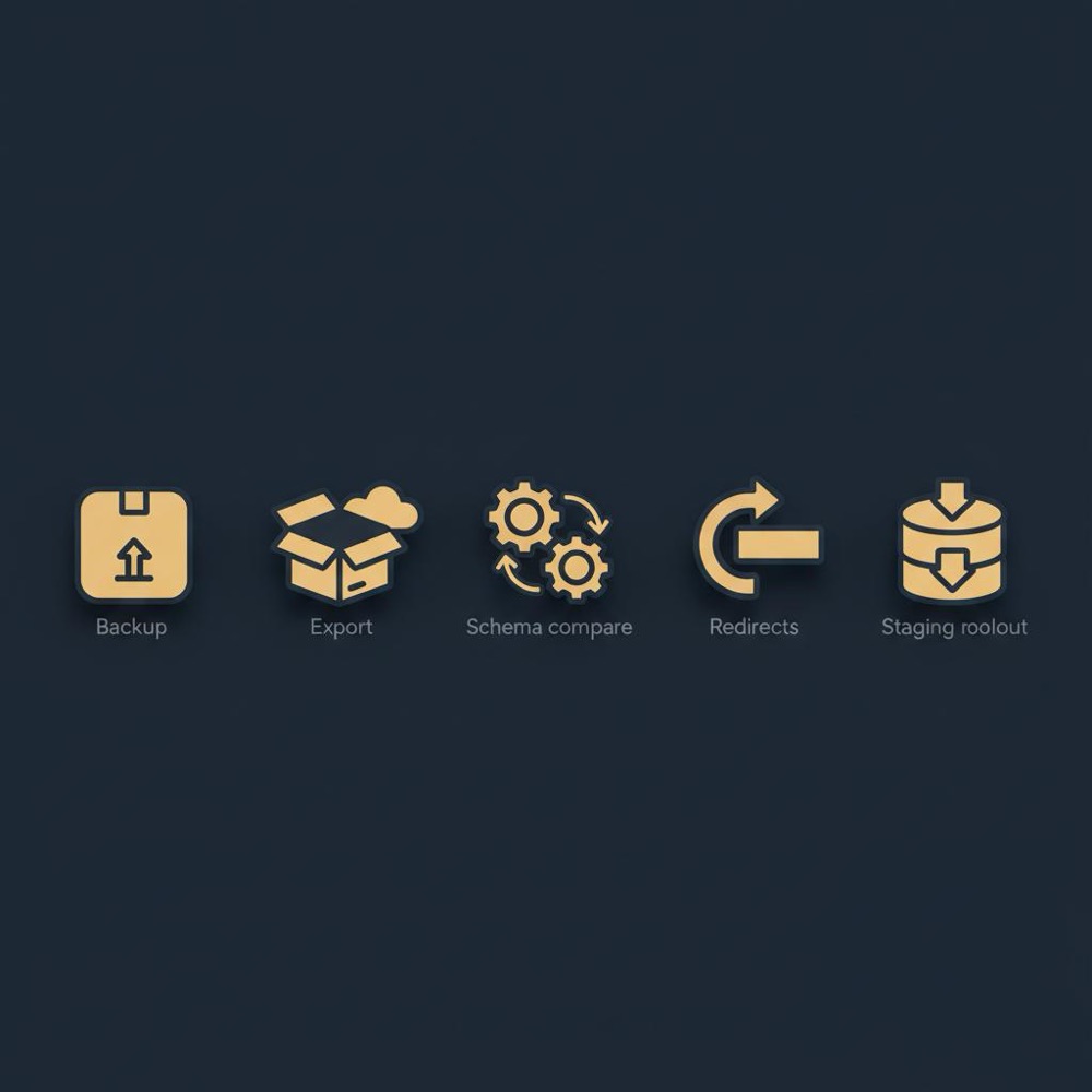 Minimal 2D vector infographic of five migration checklist icons backup export schema compare redirects staging rollout on deep navy background using yoastseo and Orvus Ltd brand colors