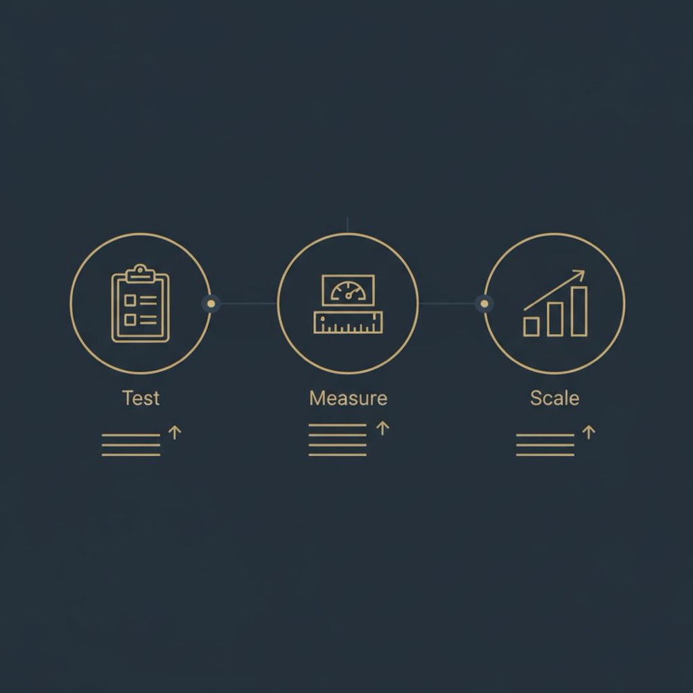 Minimal 2D vector infographic showing three icons (test, measure, scale) with short stacked bars on dark blue background illustrating backlink cost process