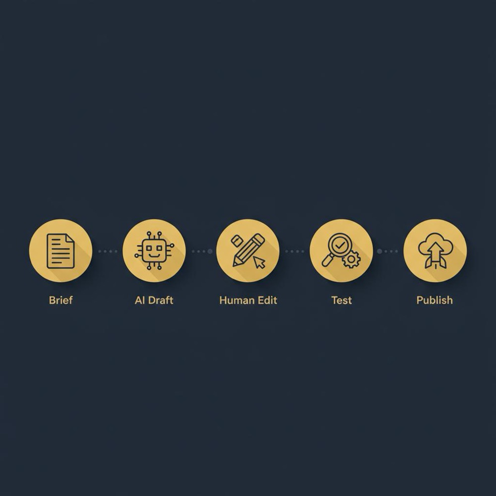 Minimal vector infographic of AI copywriting workflow (Brief → AI draft → Human edit → Test → Publish) on #0B1E33 background with Orvus Ltd brand palette.
