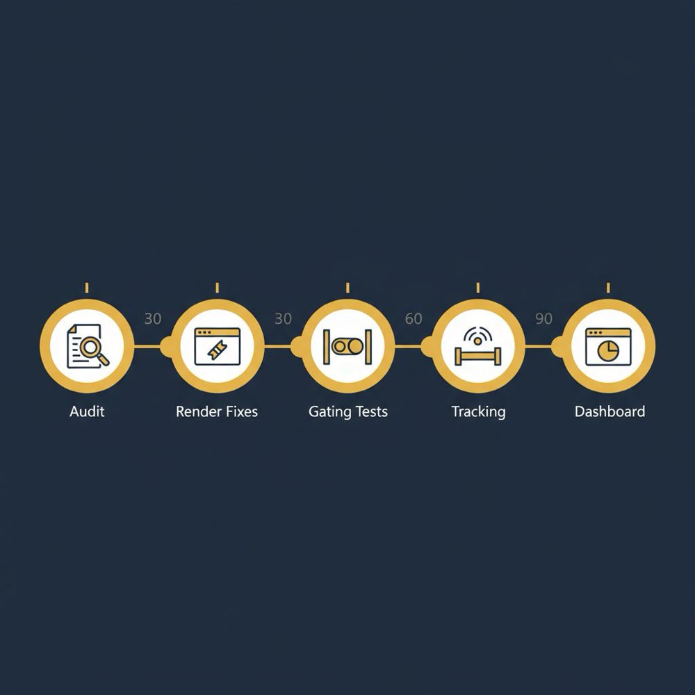 Minimal 2D vector infographic timeline for a 30-90 day SaaS SEO checklist showing five flat icons: audit, render fixes, gating tests, tracking, and dashboard on navy background.