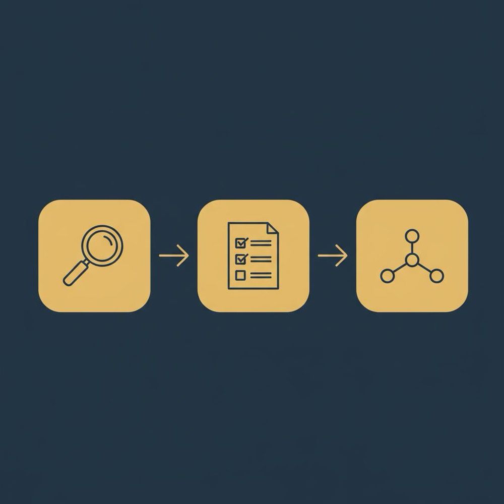 Minimal vector infographic for guest posting: three connected rounded boxes with icons for relevance (magnifier), editorial standards (checklist), and audience quality (target) on dark blue background
