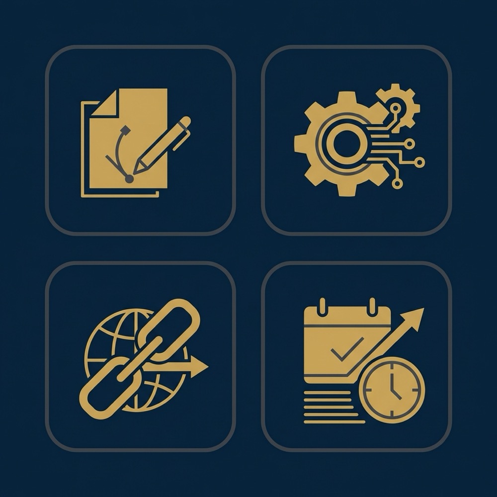 Minimalist 2D vector infographic with four icons for content technical backlinks and domain history representing website ranking factors on a dark blue full bleed background
