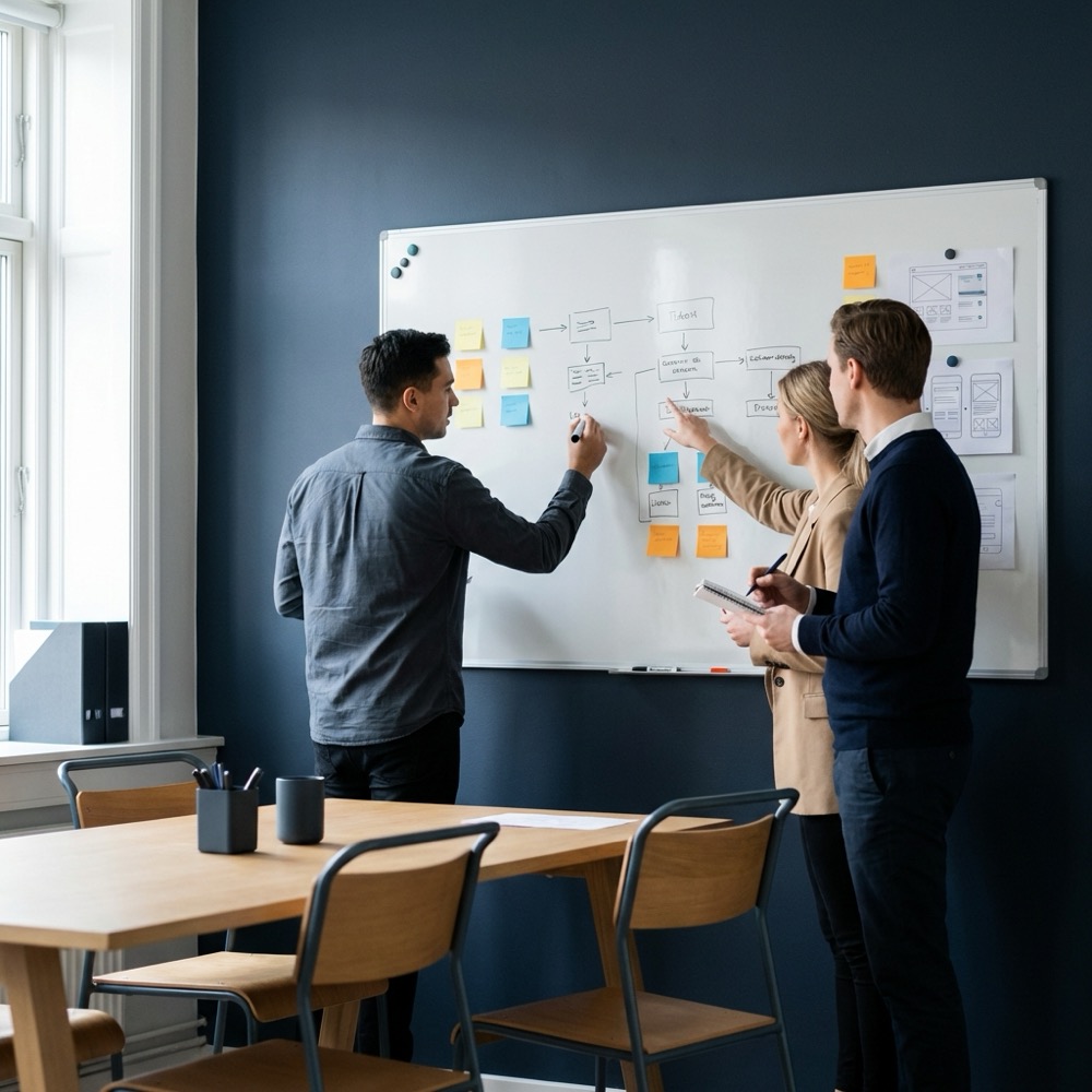 Small marketing team reviewing a content architecture whiteboard with charts and sticky notes in a minimalist navy and warm sand office setting seo organic