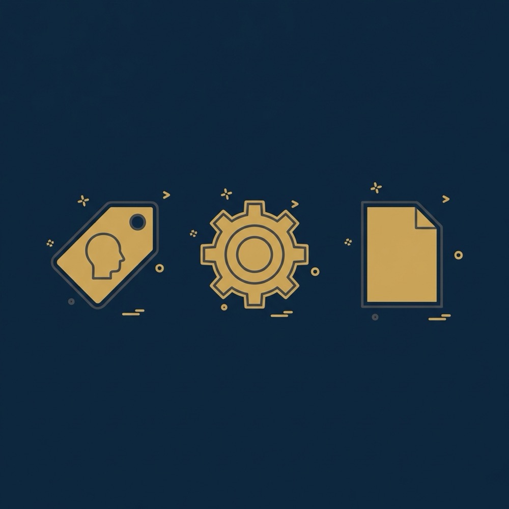 Minimal 2D vector infographic with three icons representing HTML head tooling gear and document export on dark navy background in Orvus Ltd brand colors metatags