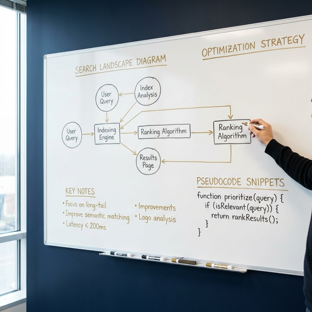 Photograph of a whiteboard session showing a search landscape sketch and concise pseudocode notes for local search engine optimization styled in Orvus Ltd navy and gold