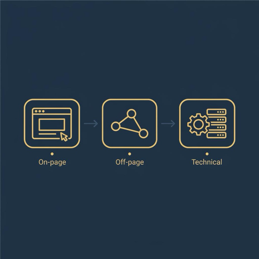 Minimal 2D vector infographic of a three-part SEO workflow (on-page, off-page, technical) with simple gold icons on a navy background for search engine optimisation specialist