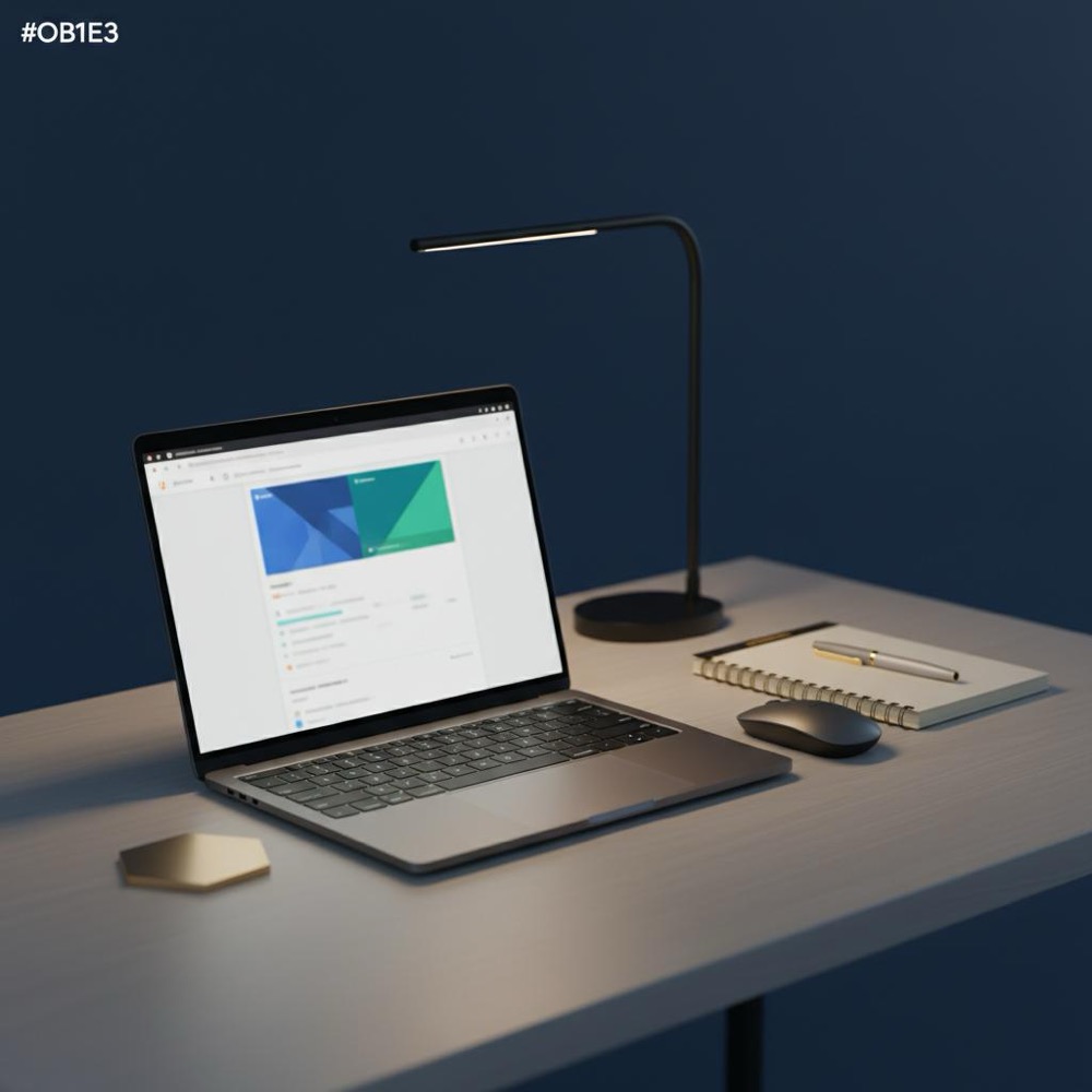 Minimalist desk with laptop showing a blurred Search Console dashboard, gold #C8A45D highlights and deep blue background, focused on tools - how to find keywords for Google SEO