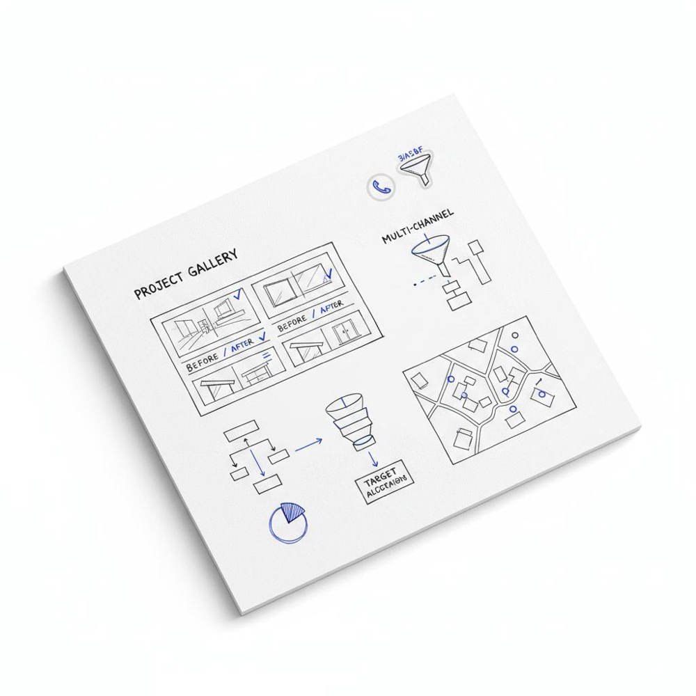 Notebook-style sketch showing three before-and-after project thumbnails, click-to-call phone icon and local neighborhoods map - visual guide on how to advertise painting services locally