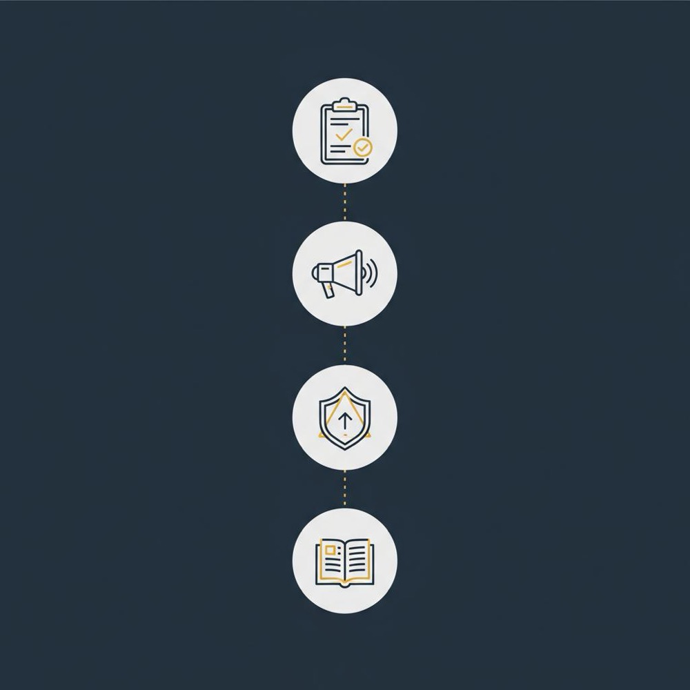 Minimal Orvus vector infographic of four icons (clipboard, envelope, alert, lightbulb) on dark navy background illustrating erase my Google reviews