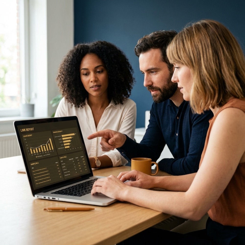 Small marketing team reviewing backlink services reports on a laptop showing metrics and sample URLs in a minimalist workspace with Orvus Ltd brand colors