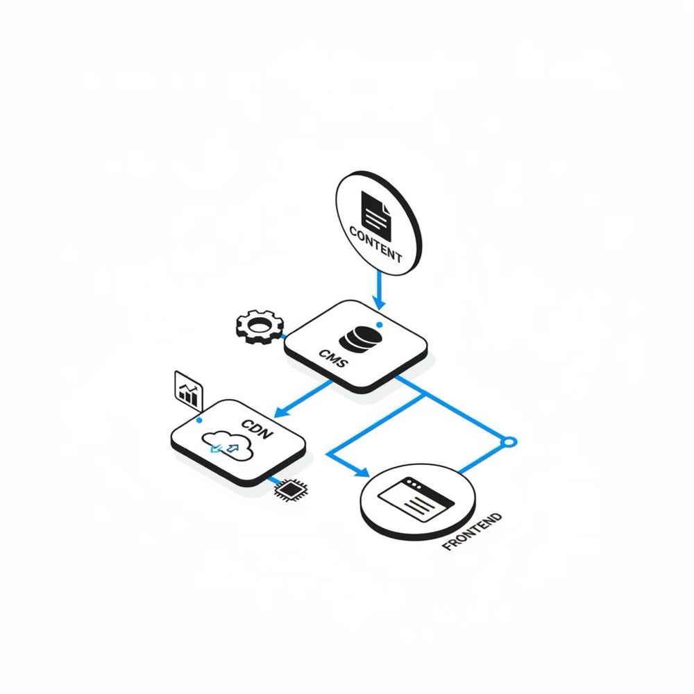 Isometric 2D vector website architecture diagram with content, CMS, CDN and frontend nodes connected by blue highlights, best website builder for professionals