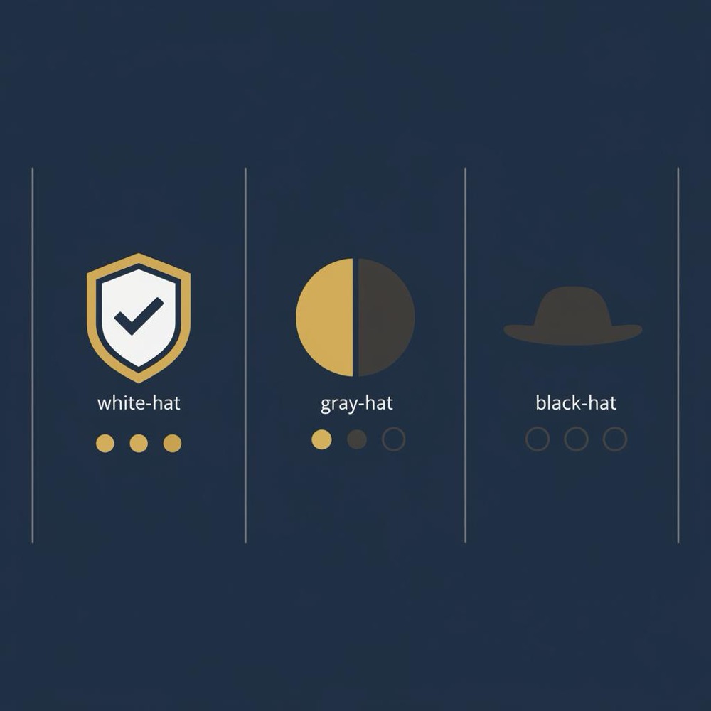 Minimal 2D vector three-column infographic comparing white hat seo, gray-hat and black-hat techniques using icons on a navy background with gold accents.