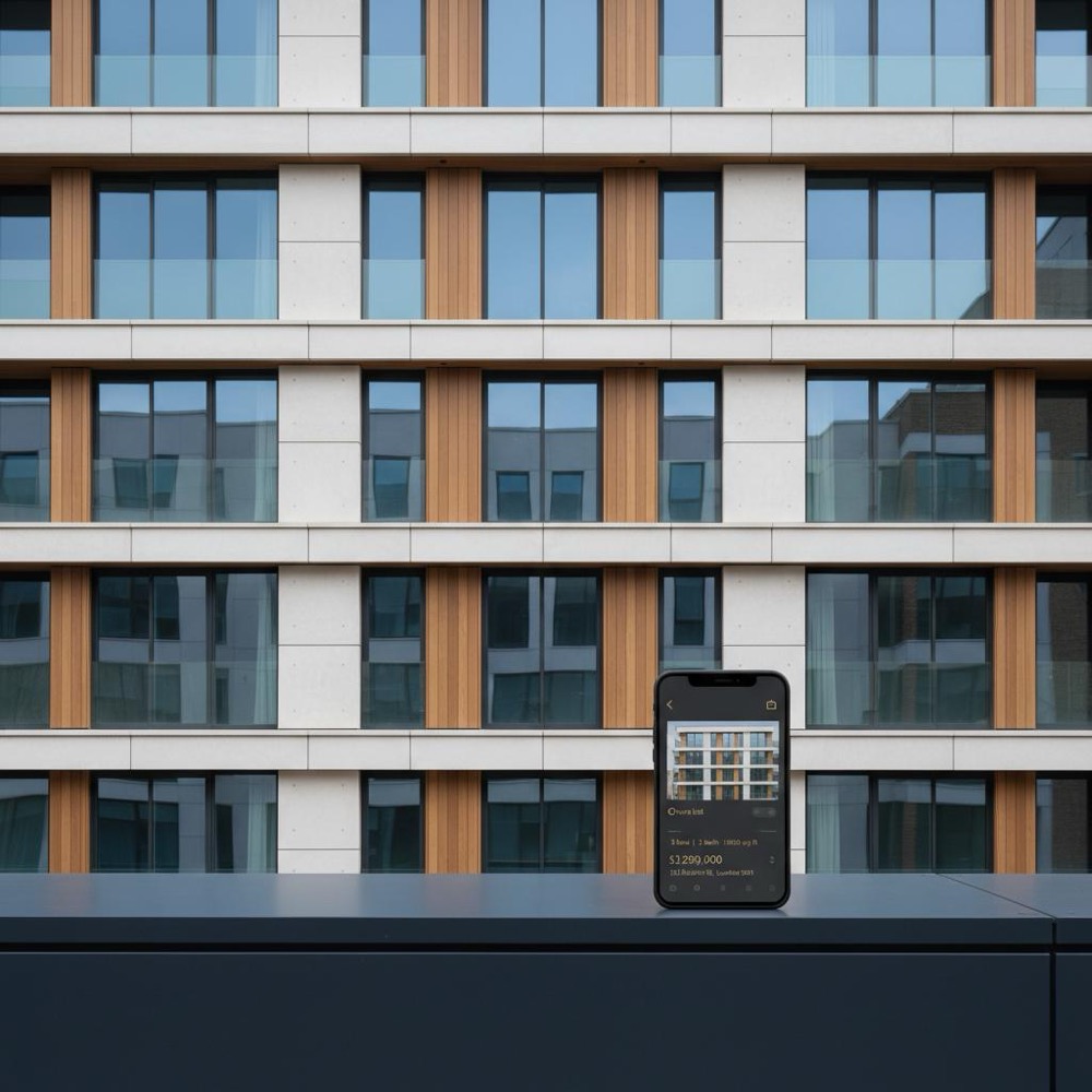 Modern property facade with a smartphone displaying a realistic listing overlay, minimalist composition and brand-toned navy and muted-gold accents for SEO for real estate