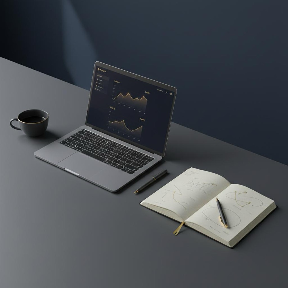 Minimalist office desk with laptop showing an analytics dashboard, notebook pricing sketch and coffee cup in Orvus Ltd. navy and gold palette - average cost of SEO