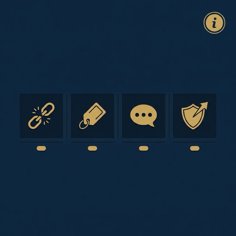 Minimal 2D vector infographic showing four link relation icons and a disclosure badge on a dark navy background using Orvus Ltd brand colors illustrating backlink services