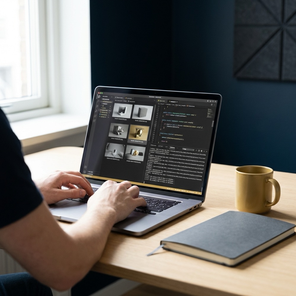 Developer reviewing render snapshots and logs on a laptop in a minimalist workspace spa seo
