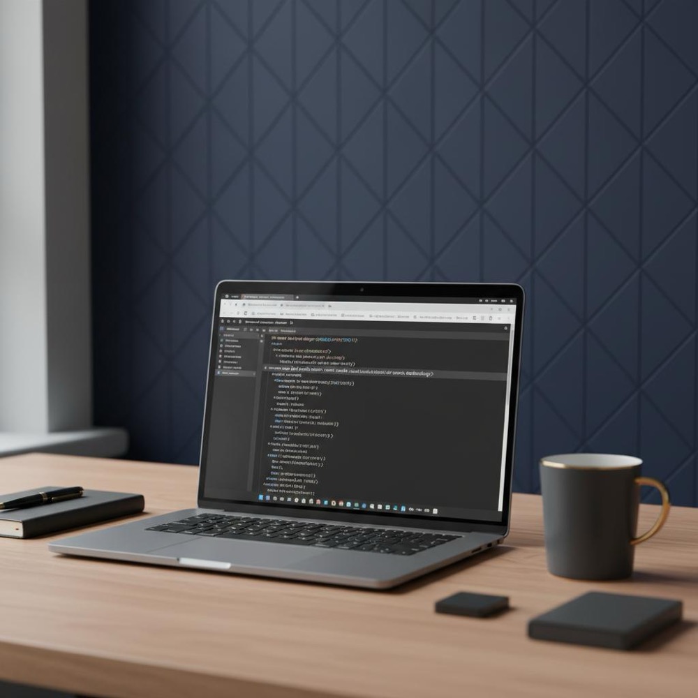 Close-up of developer workspace showing browser page source with a visible meta keywords tag, deep navy background #0B1E33 and gold accent #C8A45D