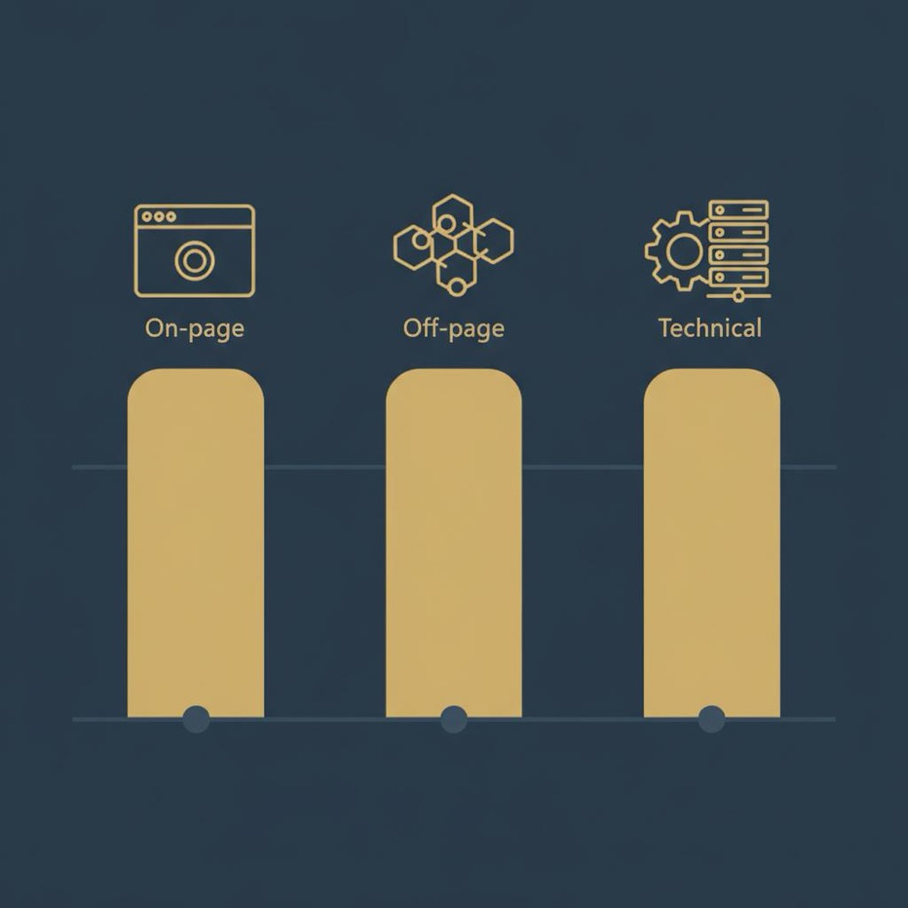 Minimal 2D vector infographic with three pillars representing search engine optimization in marketing: on-page, off-page, technical, in Orvus Ltd. brand colors