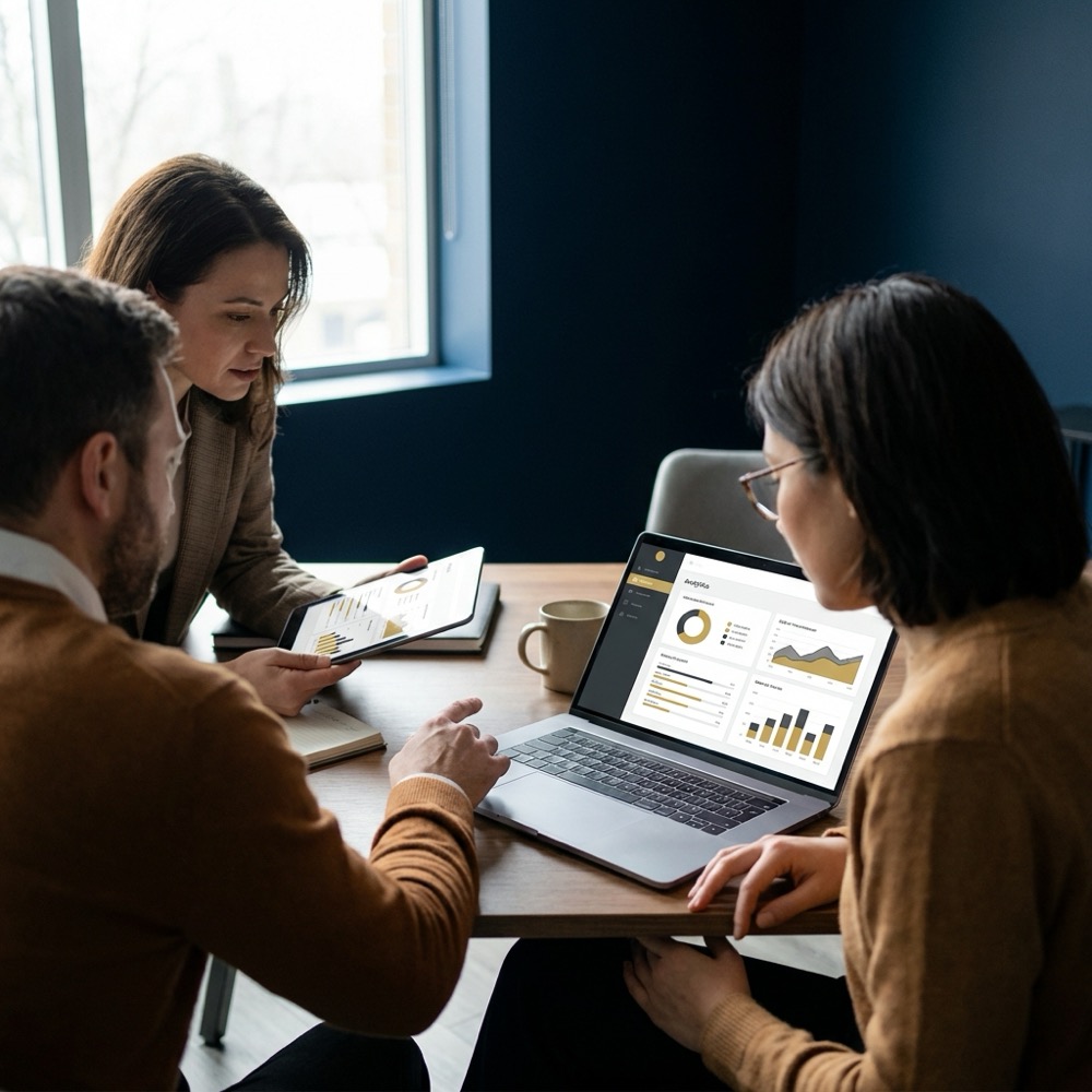 Small team reviewing analytics dashboards on laptop and tablet in minimalist navy workspace with gold highlights google search engine optimization