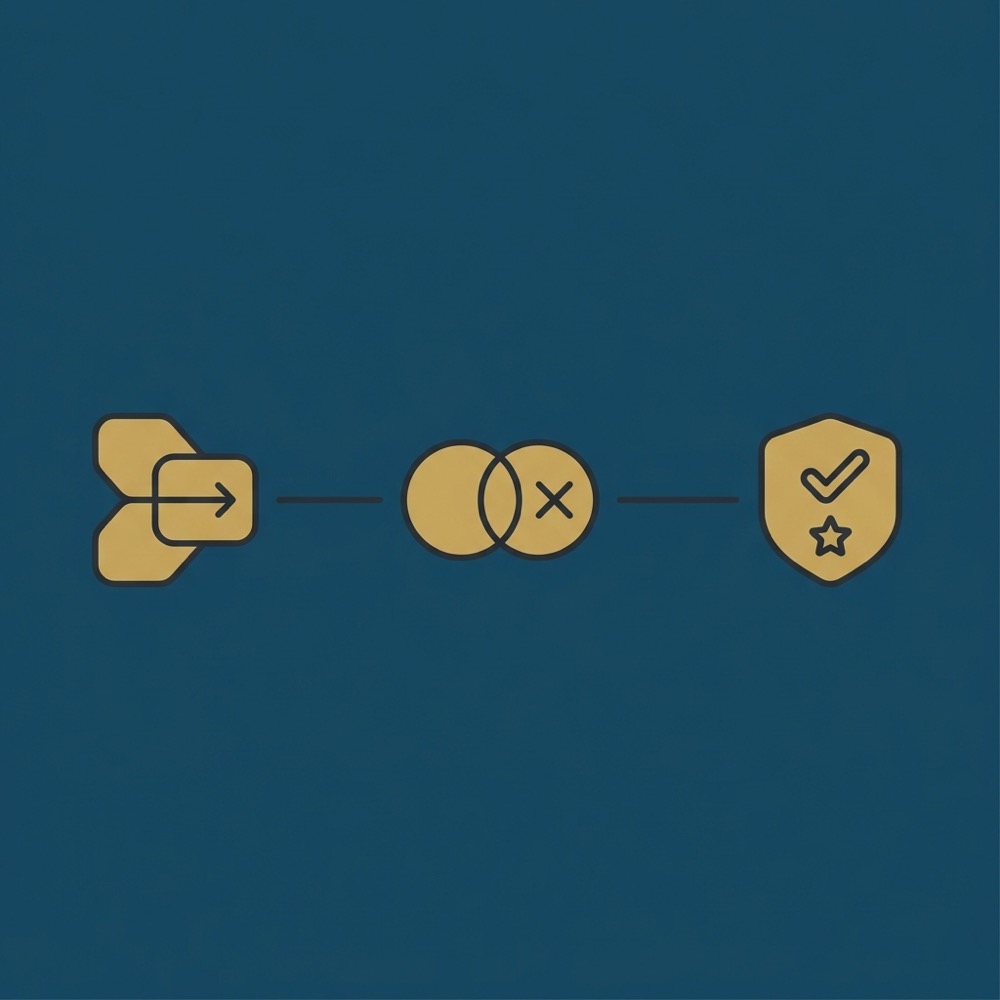 Minimal 2D vector infographic showing three-step backlink analysis workflow with data merge deduplication and scoring icons on dark blue Orvus brand background