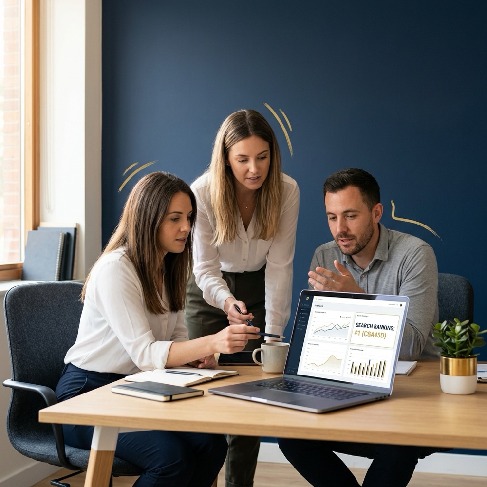 Three person marketing team reviewing laptop analytics with highlighted search ranking metric in a minimalist navy and gold Orvus Ltd styled office