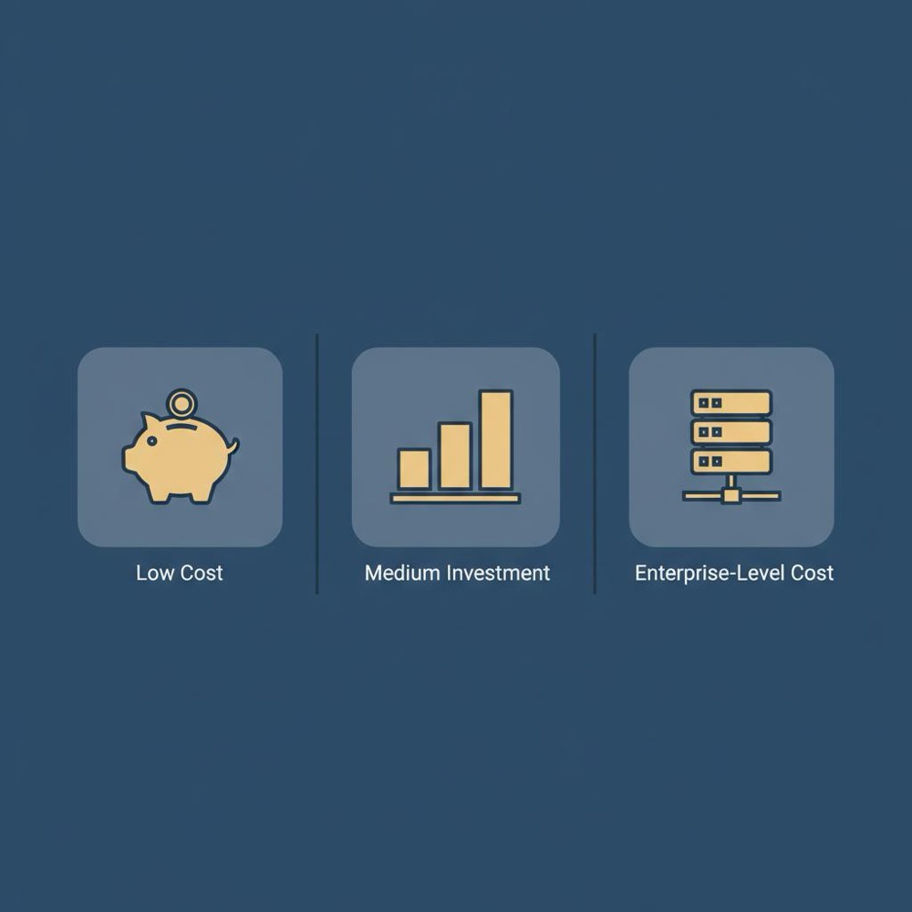 Minimal 2D vector infographic showing three cost bands (small, mid-market, enterprise) with simple icons on dark blue background - how much does Google search optimization cost
