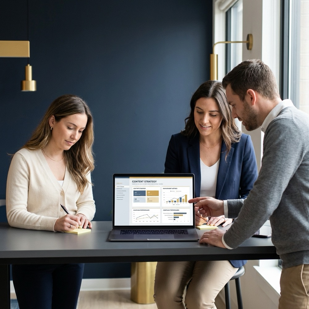 Marketing team reviewing a cms seo content template on a laptop with analytics charts and notes on a clean deep navy background 0B1E33 with gold highlights C8A45D