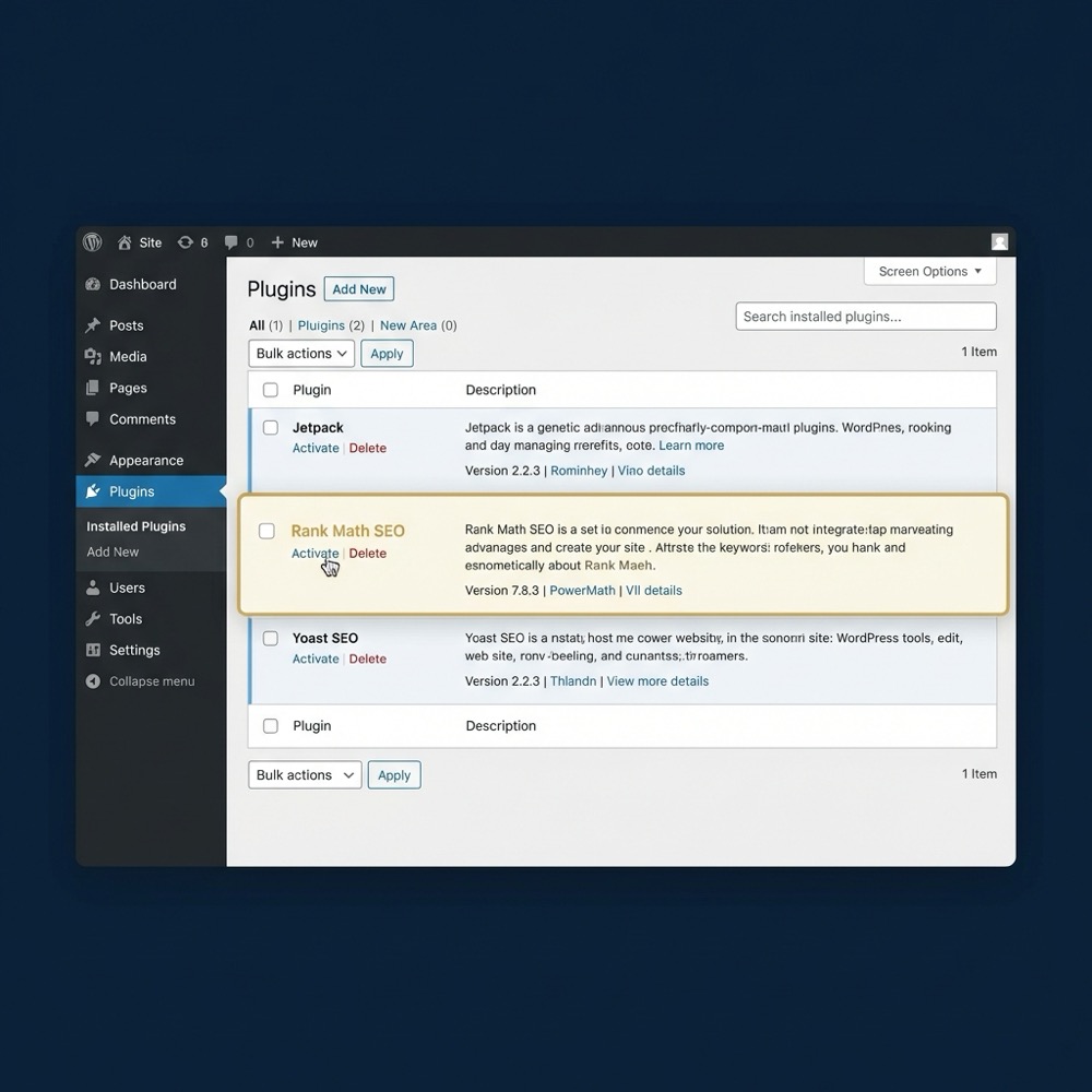 Screenshot of WordPress Plugins screen showing Rank Math plugin highlighted in Orvus Ltd brand colors background 0B1E33 and highlight C8A45D clean minimalist UI focused on rankmath seo