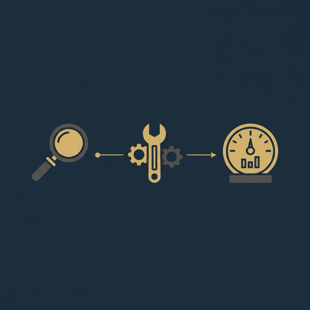 Minimal 2D vector infographic for SEO for business: three-step visual showing diagnose (magnifying glass), fix (wrench), measure (gauge) on navy background with gold accents.