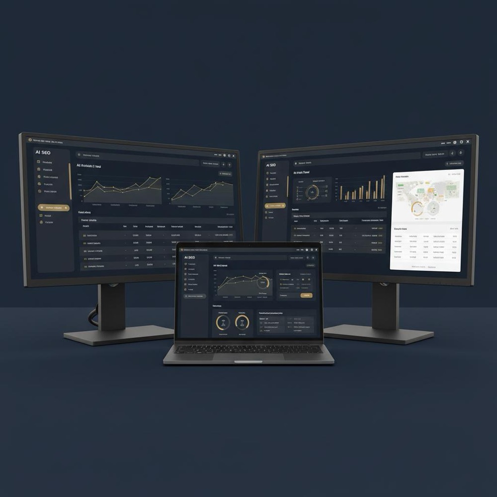 Minimalist workspace with multiple screens showing AI SEO tools dashboards and crawl data on a deep navy #0B1E33 background with subtle #C8A45D highlights.